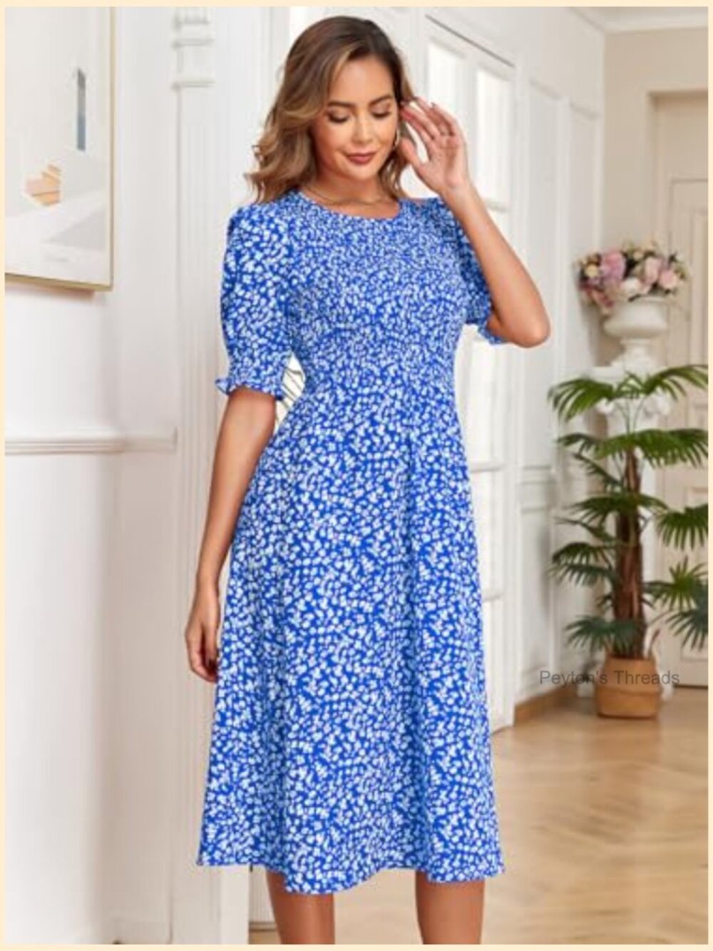 Casual Floral Midi Dress with Pockets Smocked Puff Sleeve - Picture 3 of 7